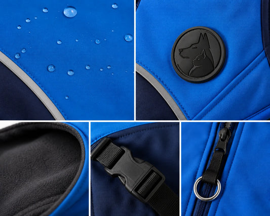 Blue waterproof dog jacket with black buckle and logo close-up details