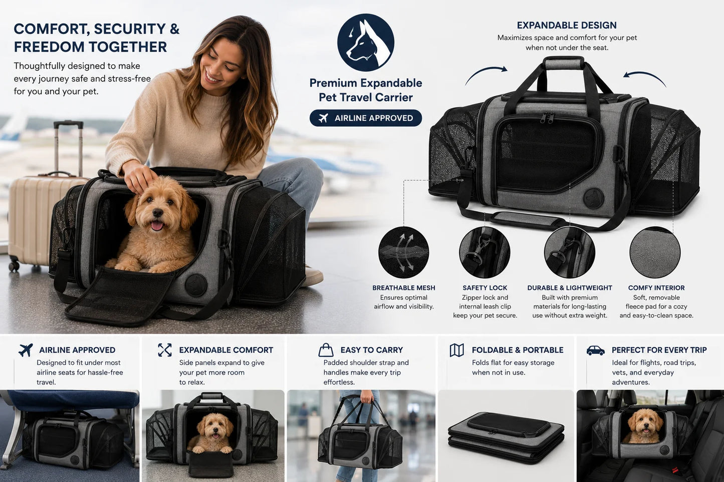 Woman with golden retriever puppy in expandable pet travel carrier at airport
