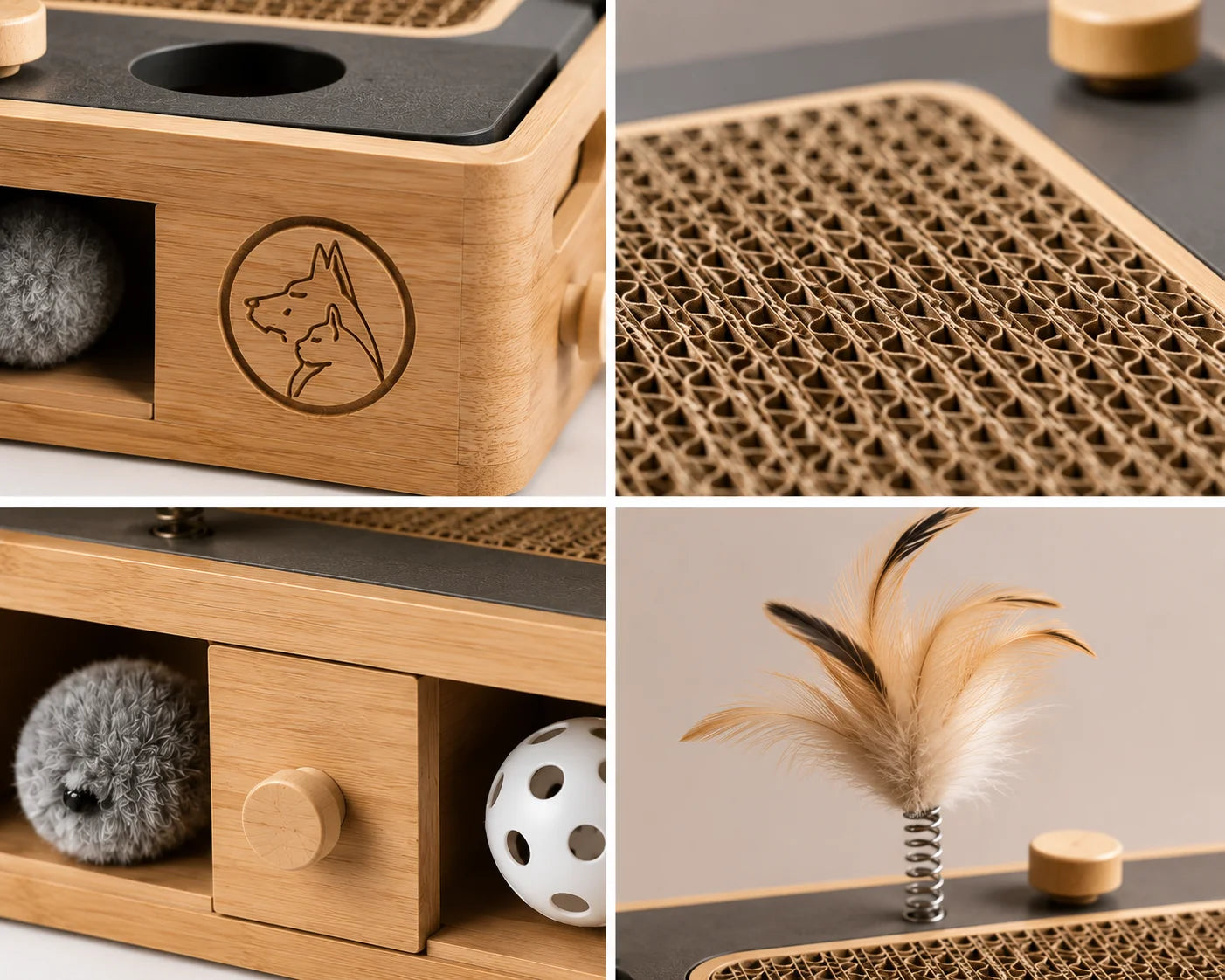 A collage of a wooden cat scratcher with toys and a close-up of the scratching surface