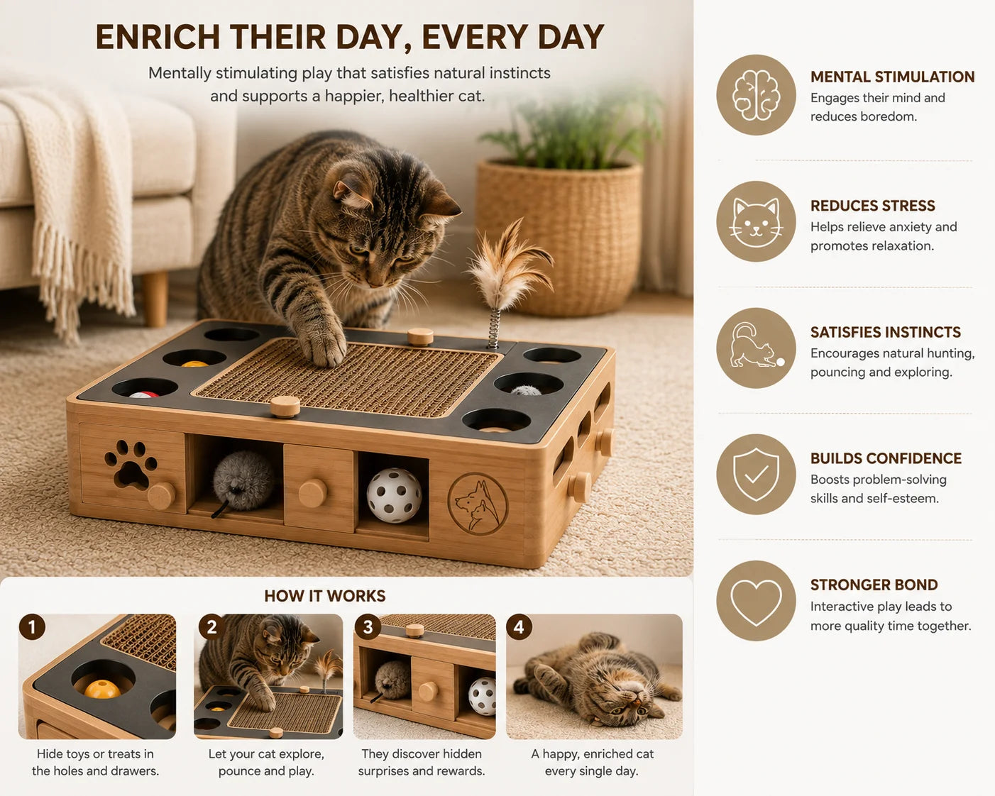 Brown tabby cat playing with a wooden interactive puzzle toy on a beige carpet