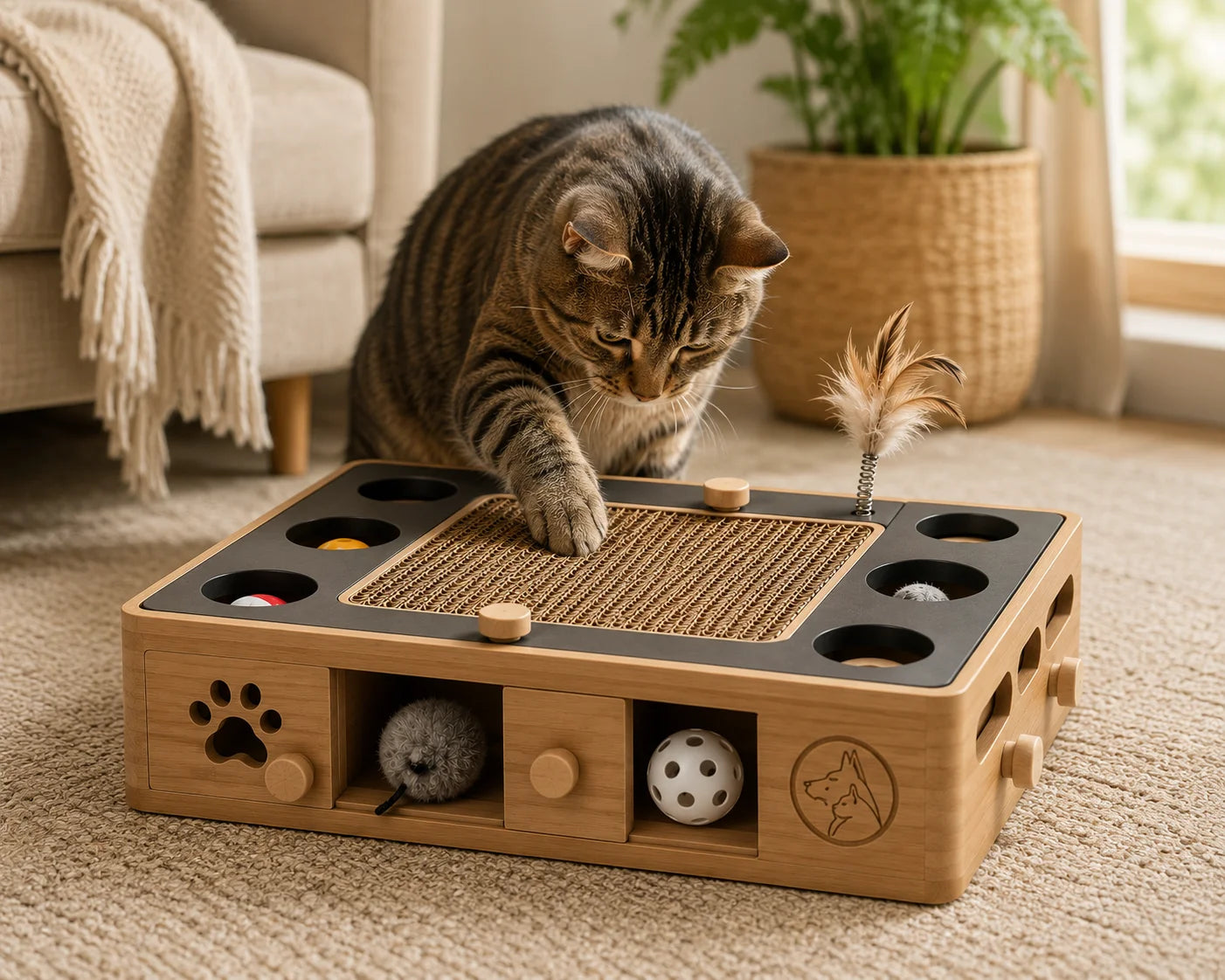 Brown tabby cat playing with interactive wooden toy on beige carpeted floor