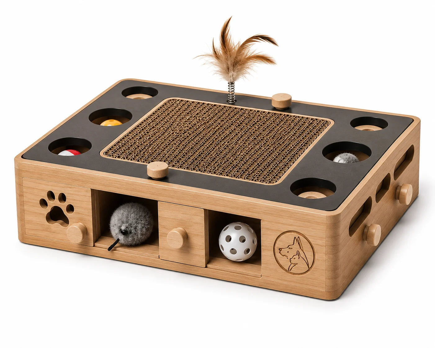 Wooden cat puzzle toy with scratching pad and feather teaser on white background