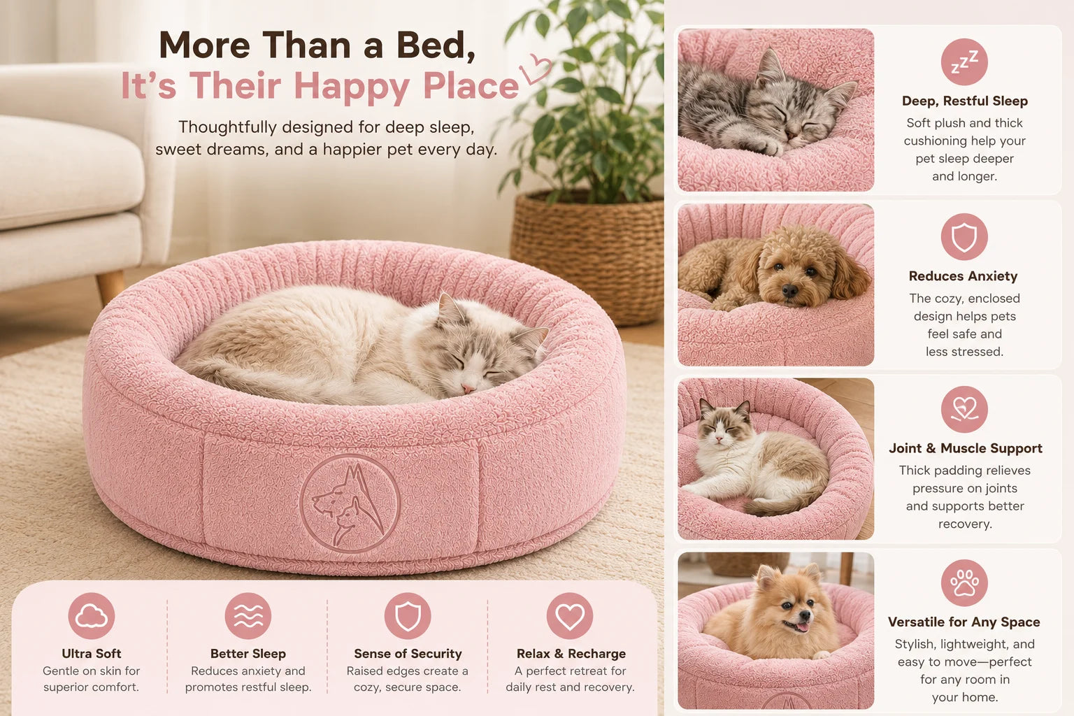 A serene pet bed with a sleeping cat and dog in a cozy home setting with plants