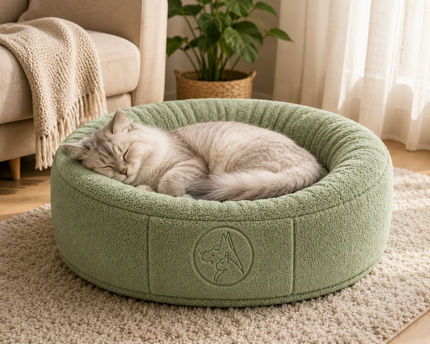 A serene scene of a sleeping cat curled up in a sage green pet bed on a beige rug beside a sofa
