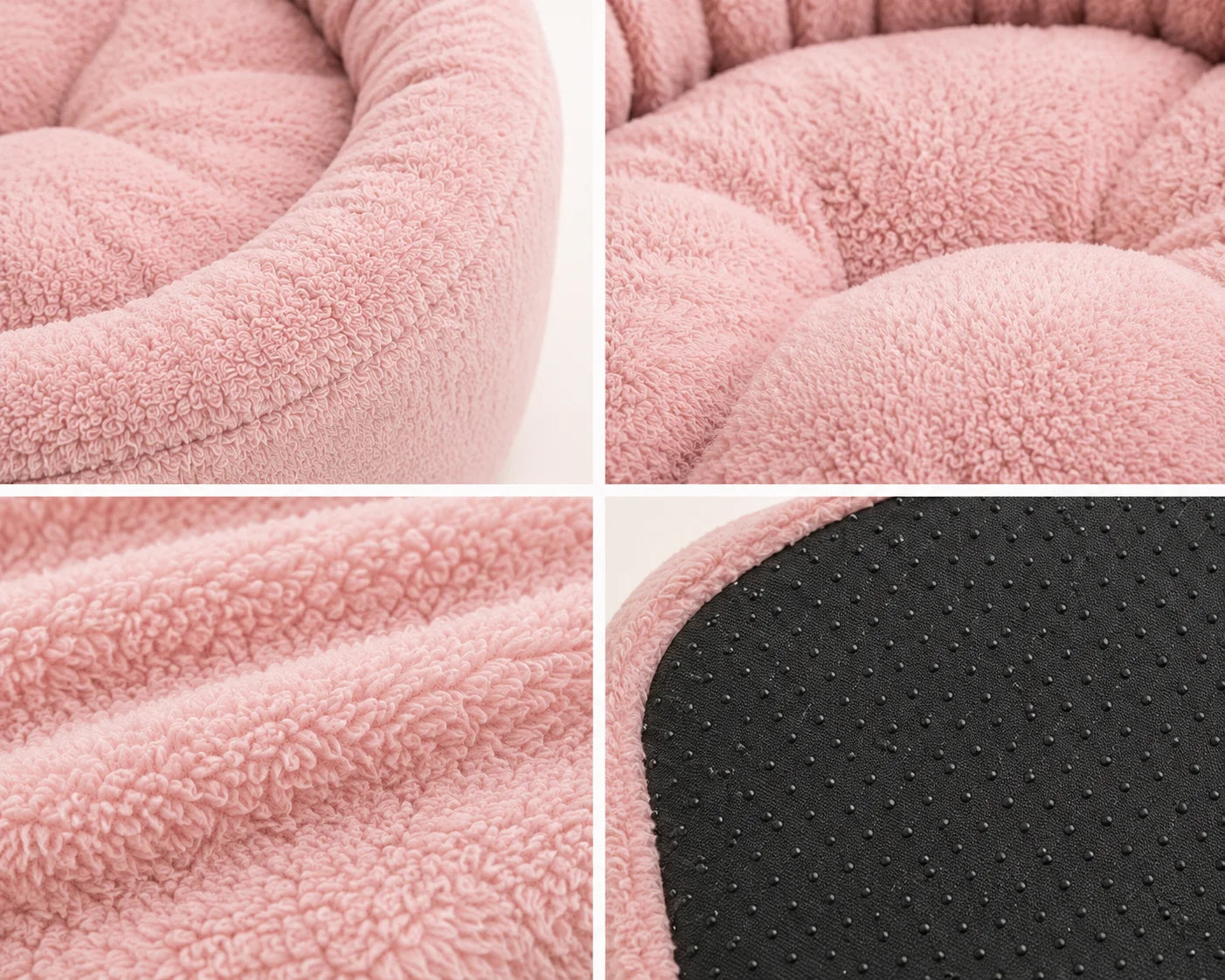 Close-up images of a pink pet bed with a soft, plush exterior and non-slip bottom