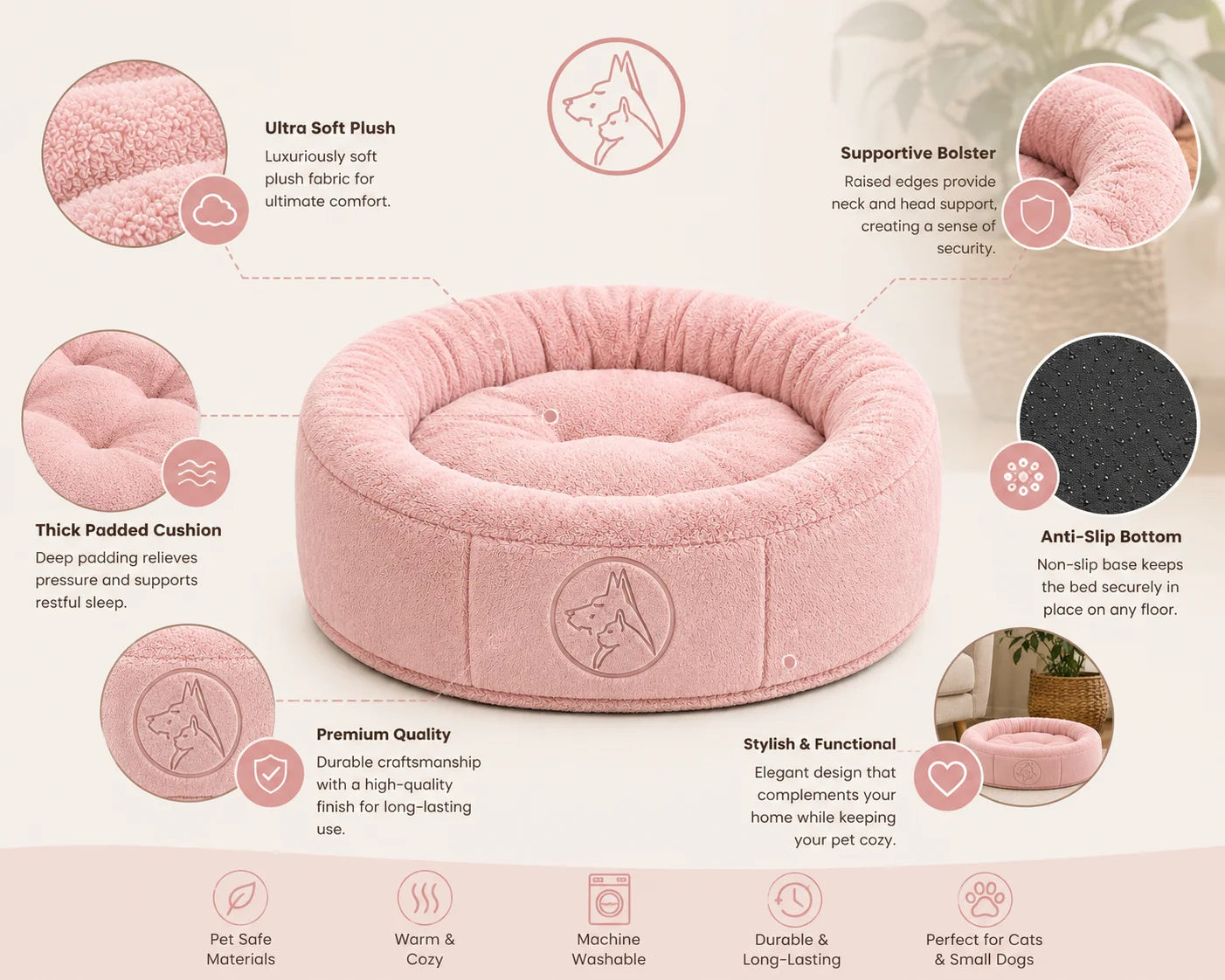Pink pet bed with bolster and soft plush fabric for ultimate comfort and support