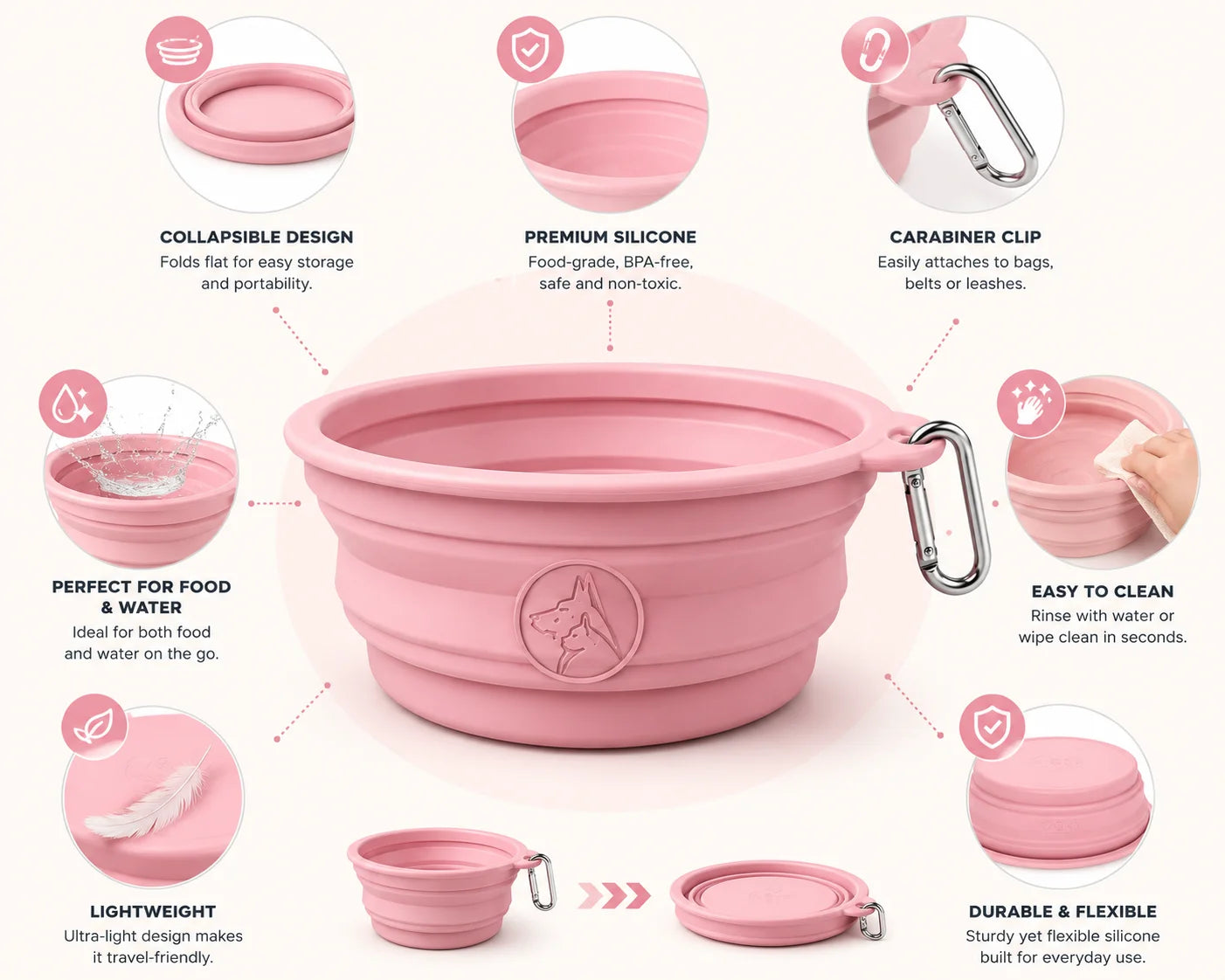 Pink collapsible silicone dog bowl with carabiner clip and premium features