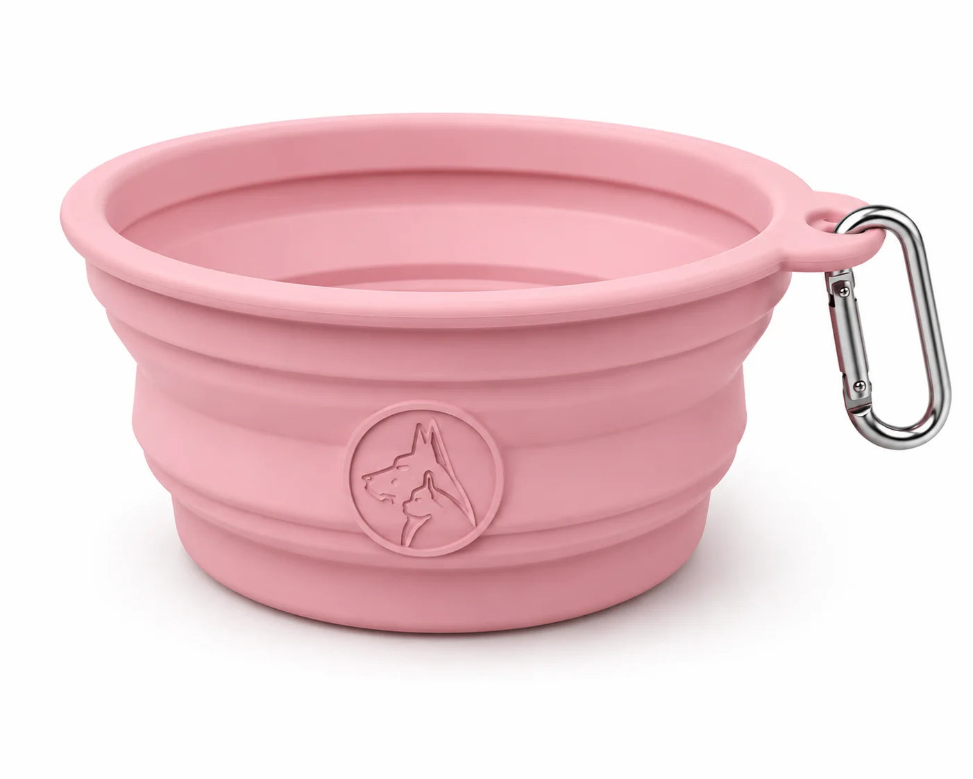 Pink collapsible silicone dog bowl with metal carabiner and dog face logo on white background
