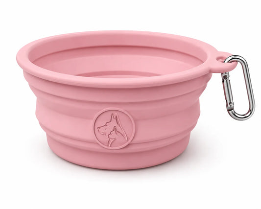 Pink collapsible silicone dog bowl with metal carabiner and dog face logo on white background