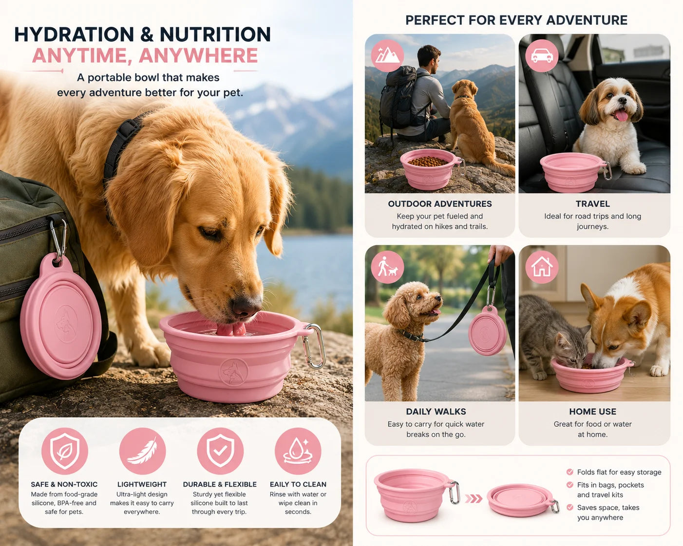 Portable pink pet bowl with dog on mountain and travel images