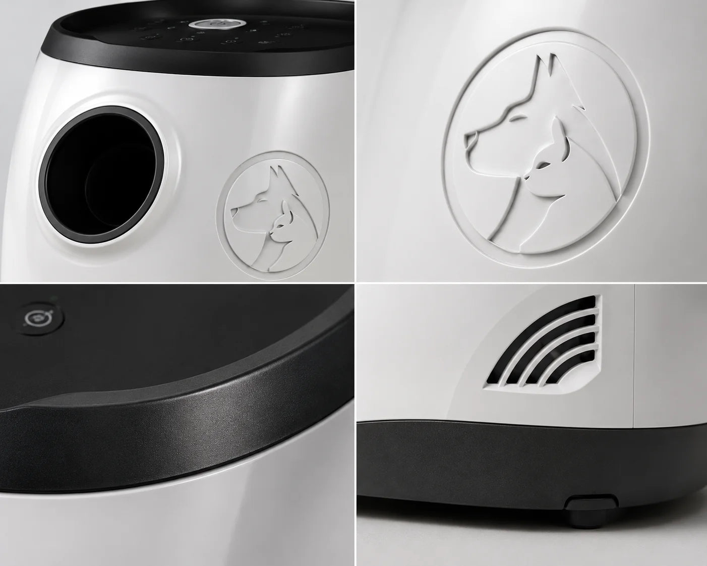 Close-up views of a white and black dog waste machine with logo details