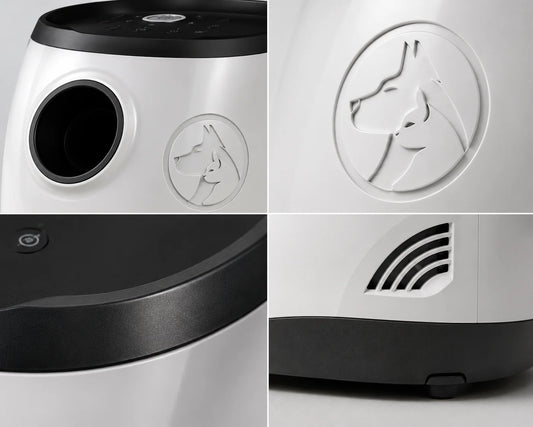 Close-up views of a white and black dog waste machine with logo details