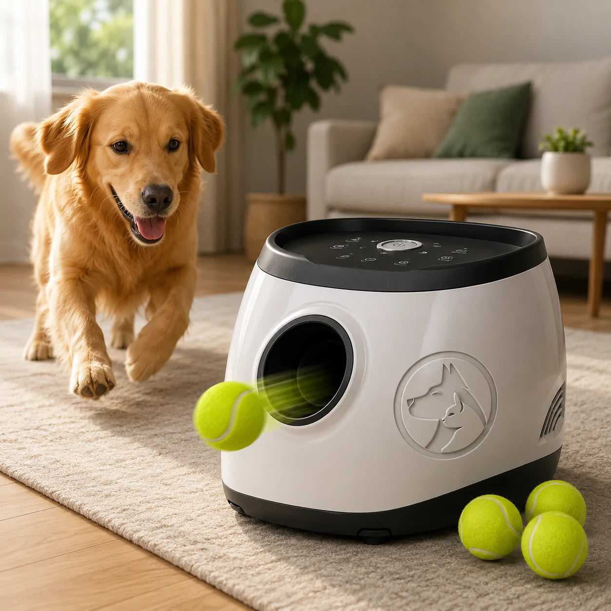 Golden retriever playing with tennis balls and automatic dog toy dispenser in living room