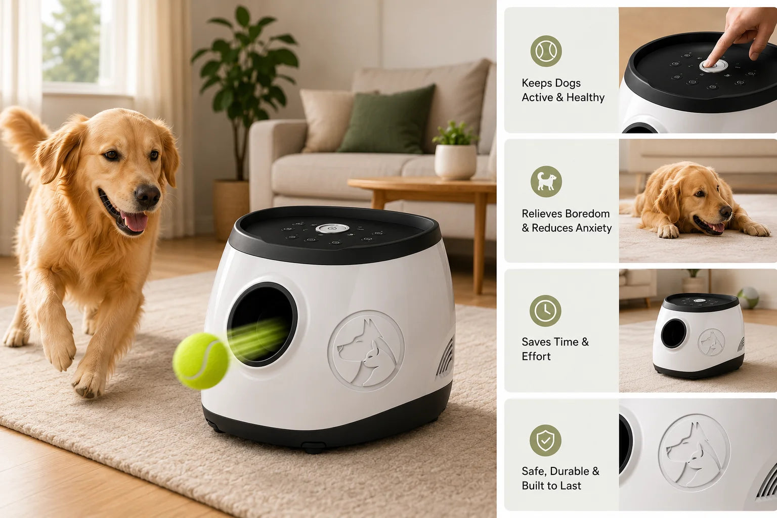 Golden retriever plays with interactive dog toy on beige rug in living room with couch
