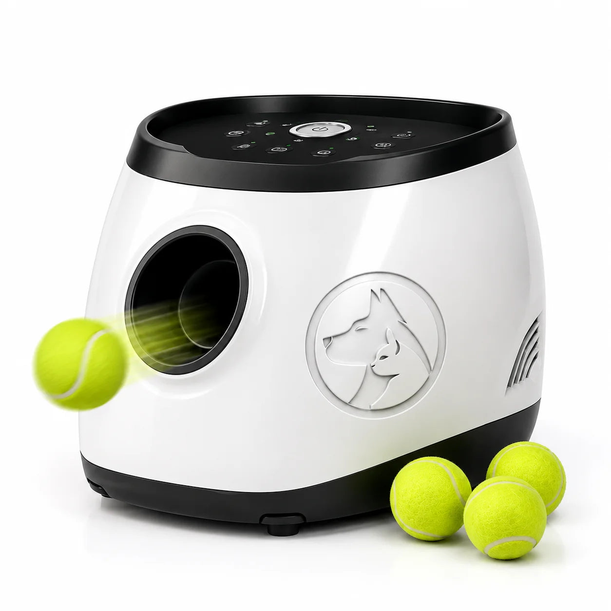 White and black dog treat and toy dispenser with tennis balls on plain background