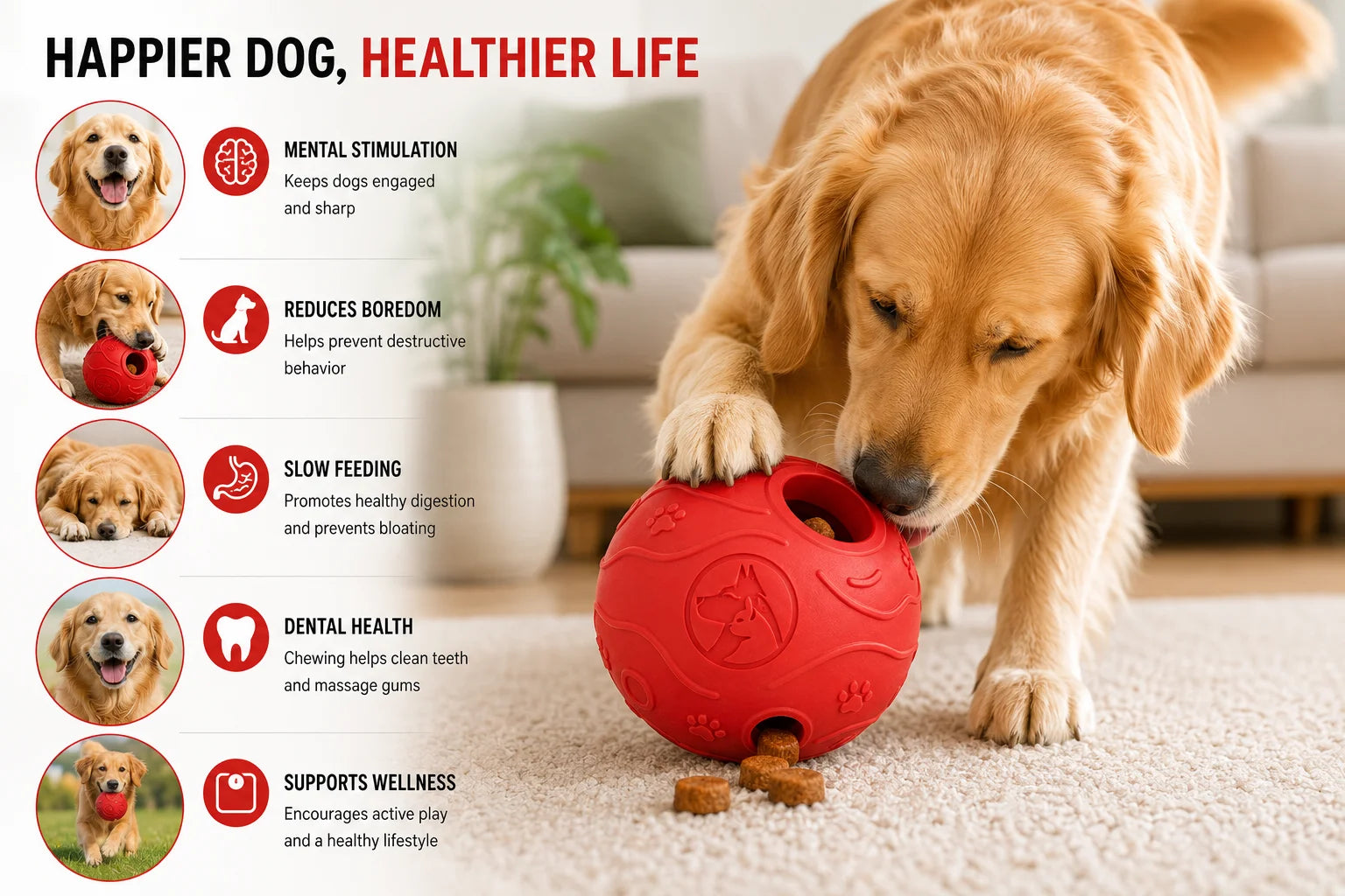 Golden retriever playing with interactive red rubber puzzle dog toy on carpet
