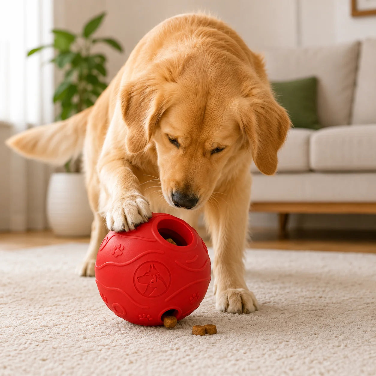 Golden retriever playing with red rubber puzzle dog toy on carpeted living room floor with couch
