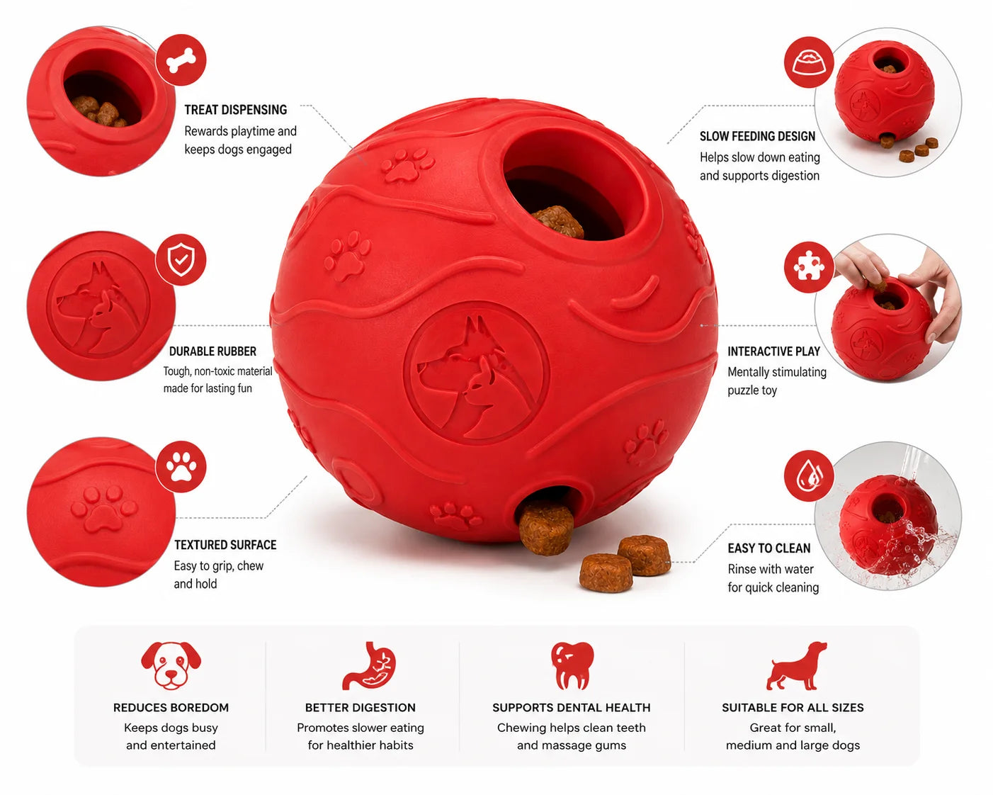 Red Interactive Dog Puzzle Toy with Treat Dispensing and Durable Rubber Design