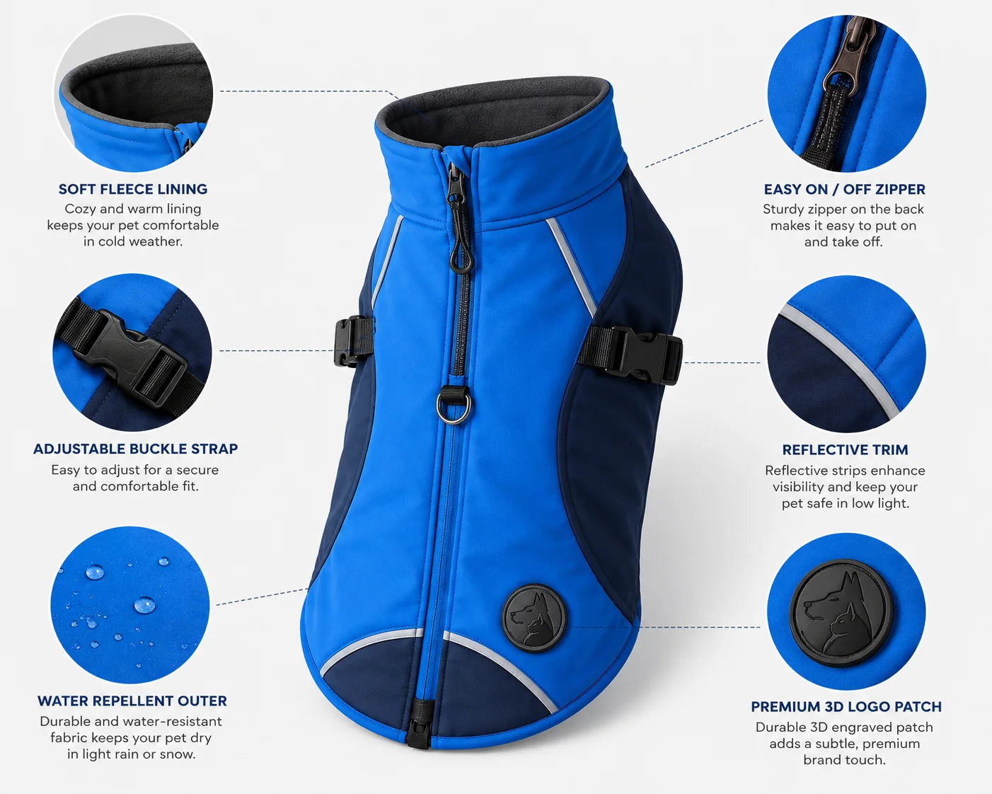 Blue dog coat with black buckles and reflective strips for visibility and safety outdoors