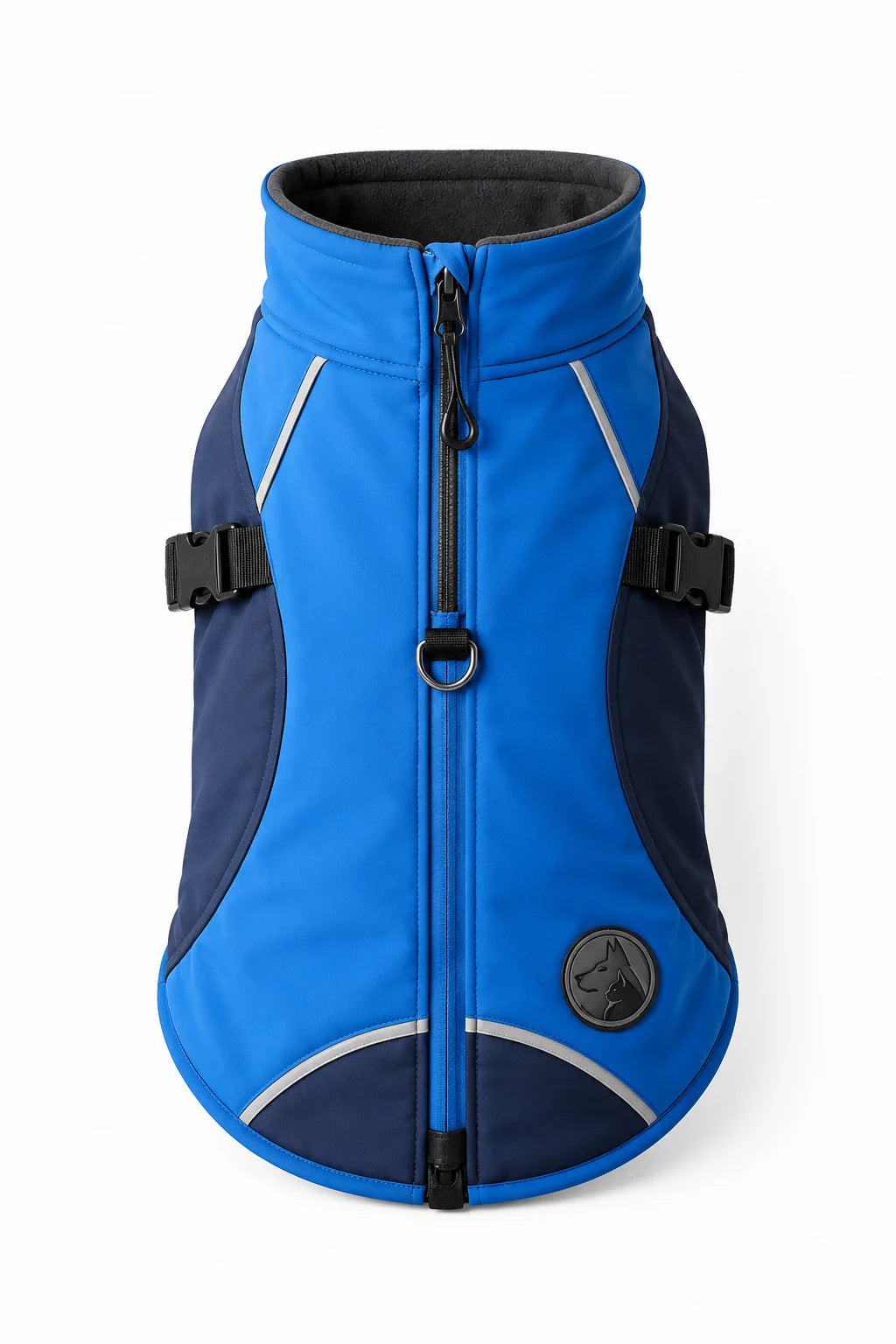 Blue dog jacket with navy accents and black buckles on white background