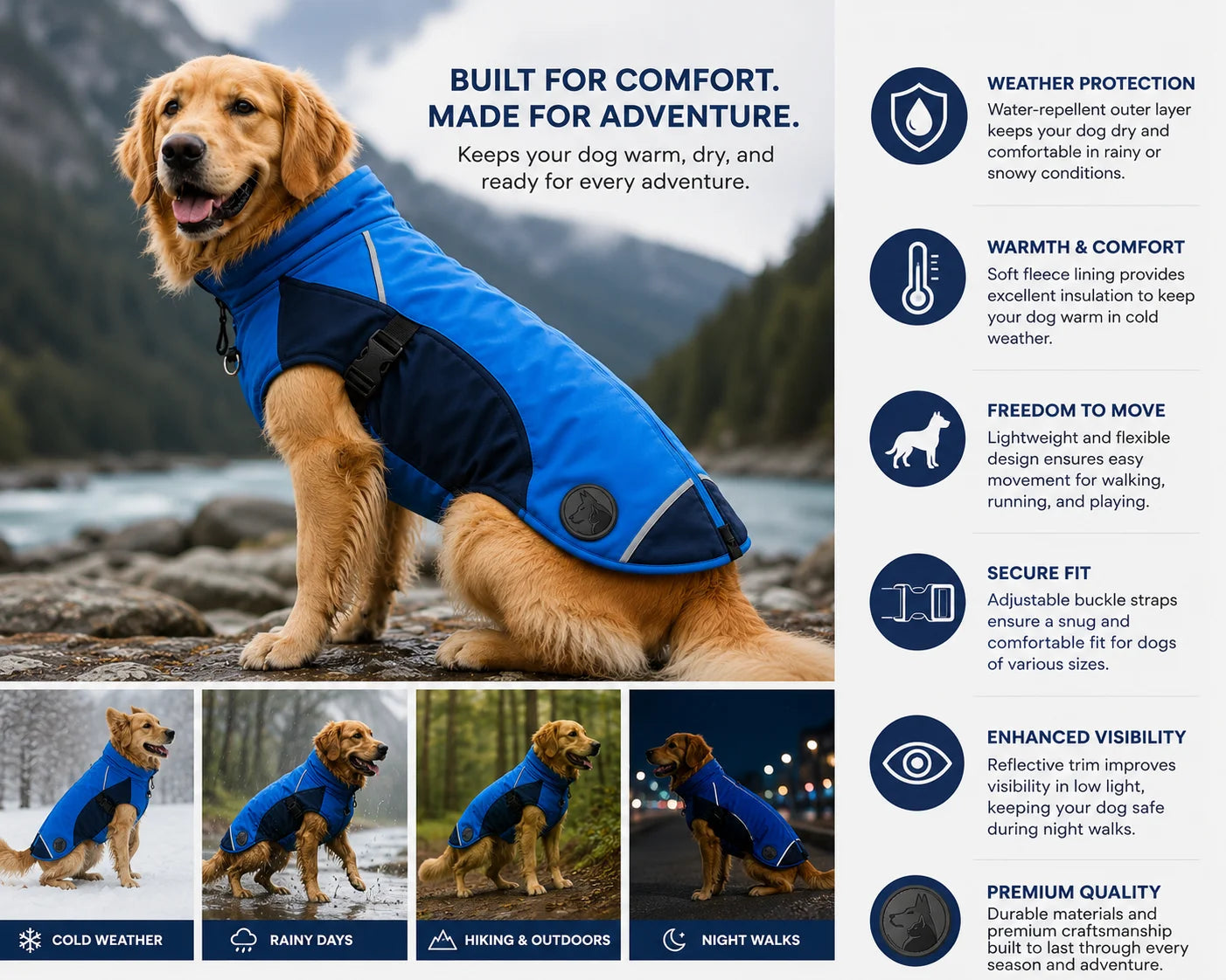 Golden retriever dog wearing blue and black waterproof coat on rocky shore by river with mountains