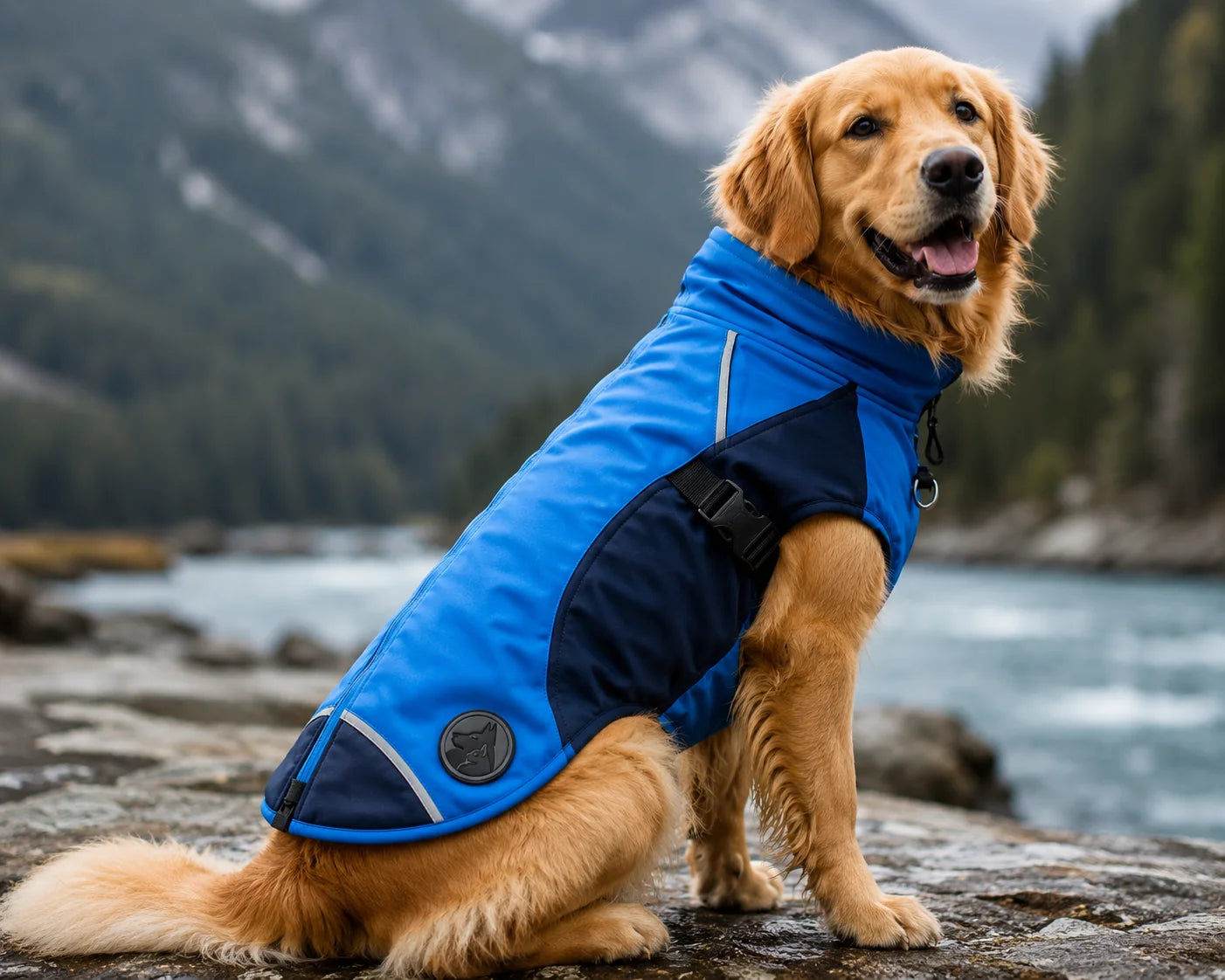 Golden retriever dog wearing blue and black waterproof jacket on rocky shore
