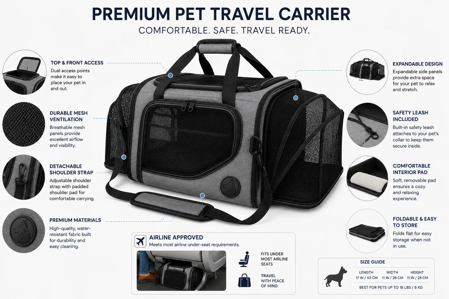 Premium gray pet travel carrier with black accents and mesh panels for ventilation and visibility