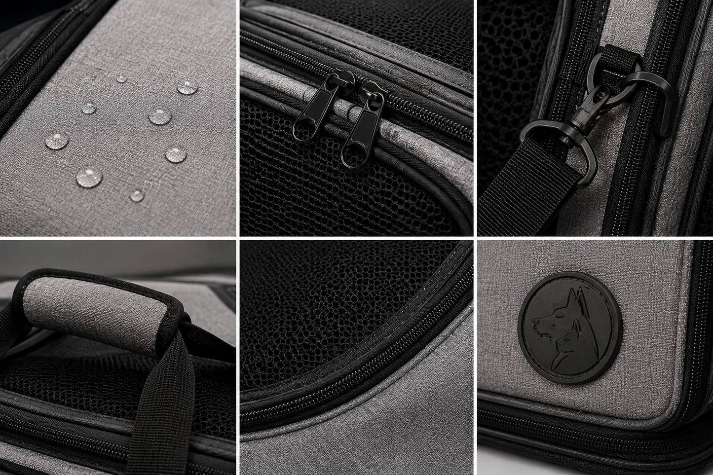 Water-resistant gray backpack details with black zippers and straps close-up