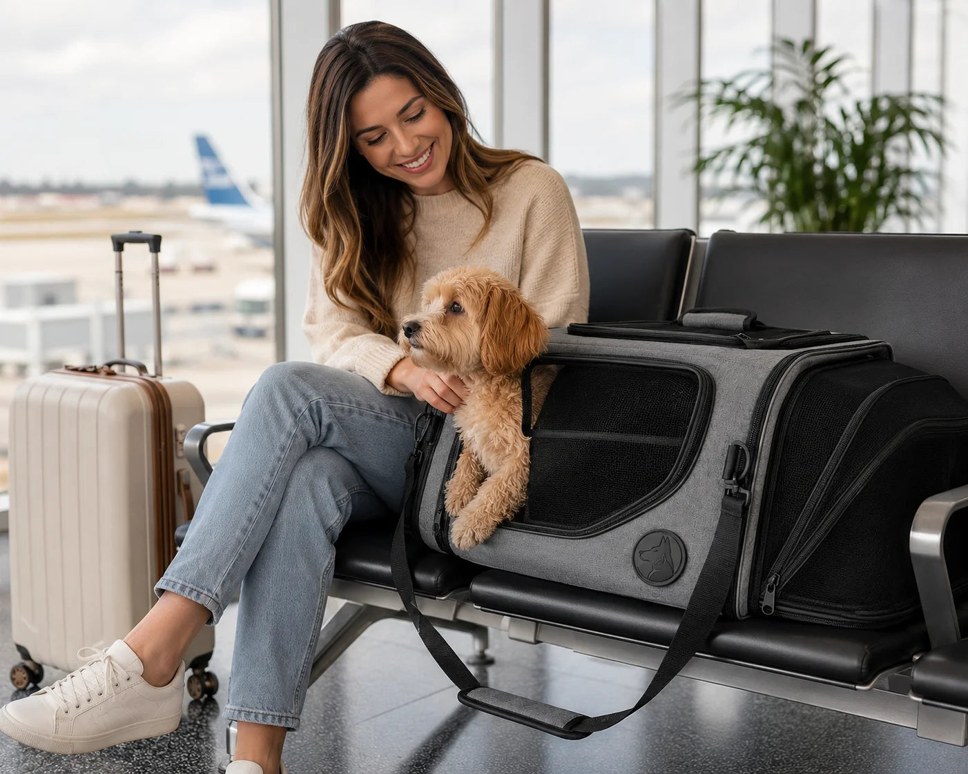 Woman sitting with dog in carrier at airport waiting area by window with plane