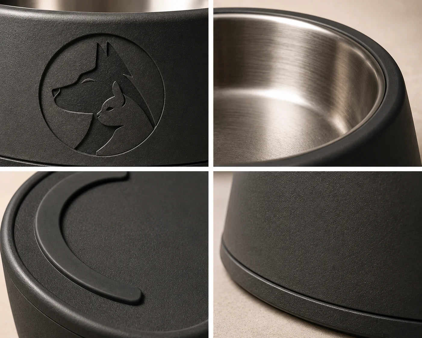 Black dog bowl with stainless steel interior and embossed dog logo on side