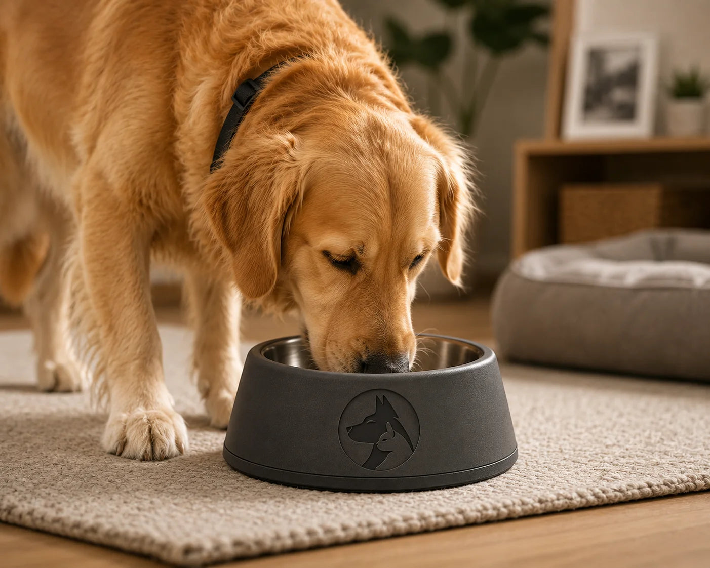 Golden retriever dog eating from a black dog bowl on a beige rug indoors